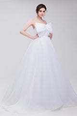 Wedding Dresses Cost, Lace Sheer Waist Long Pleated A-line Train Wedding Dresses with Half Sleeves