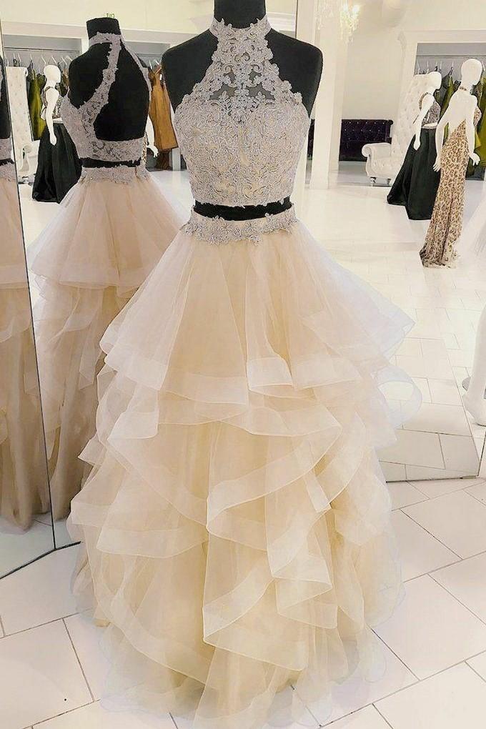 Prom Dress Long Ball Gown, Lace Two-piece Champagne Prom Dresses with Horsehair Skirt,Quinceanera Dress,Birthday Dresses
