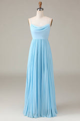 Flowy Prom Dress, Lace-Up Cowl Neck Light Blue A-Line Chiffon Bridesmaid Dress