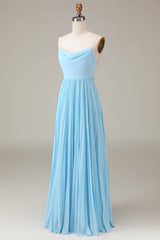 Dream Dress, Lace-Up Cowl Neck Light Blue A-Line Chiffon Bridesmaid Dress