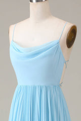 Elegant Dress For Women, Lace-Up Cowl Neck Light Blue A-Line Chiffon Bridesmaid Dress