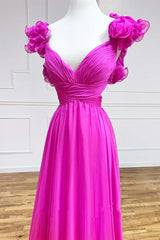 Evening Dresses Classy, Lace-Up Fuchsia V-Neck Ruffle Pleated Long Prom Dress