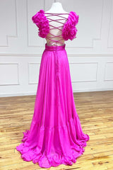 Evening Dresses 2028, Lace-Up Fuchsia V-Neck Ruffle Pleated Long Prom Dress