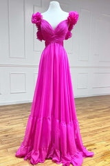 Evening Dresses Princess, Lace-Up Fuchsia V-Neck Ruffle Pleated Long Prom Dress