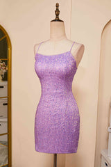 Evening Dresses Prom Long, Lace-Up Lilac Sequin Tight Short Homecoming Dress