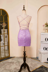Evening Dress V Neck, Lace-Up Lilac Sequin Tight Short Homecoming Dress