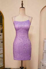 Evening Dress Classy, Lace-Up Lilac Sequin Tight Short Homecoming Dress