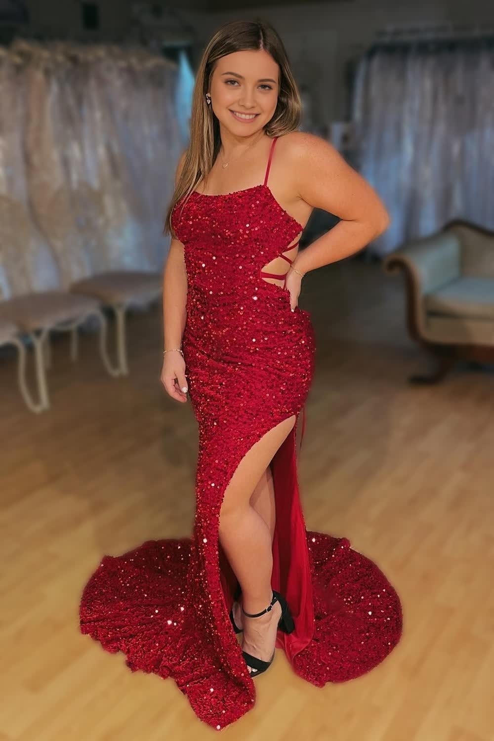 Lace-Up Mermaid Sparkly Burgundy Sequins Long Prom Dress with Slit