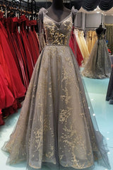 Prom Dress Blue Long, Lace V Neck A-line Long Customize Floor Length Formal Dress, Prom Dress Party Dress