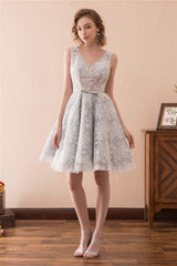 Formal Dresses Outfit Ideas, Lace V Neck Grey Short Homecoming Dresses with Ribbon