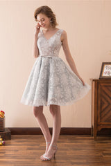 Formal Dress Store, Lace V Neck Grey Short Homecoming Dresses with Ribbon