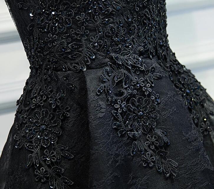Formal Dress Trends, Lace V-neckline Short Black Lace Prom Dresses, Black Homecoming Dresses