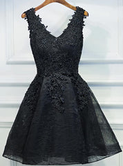 Formal Dress Online, Lace V-neckline Short Black Lace Prom Dresses, Black Homecoming Dresses