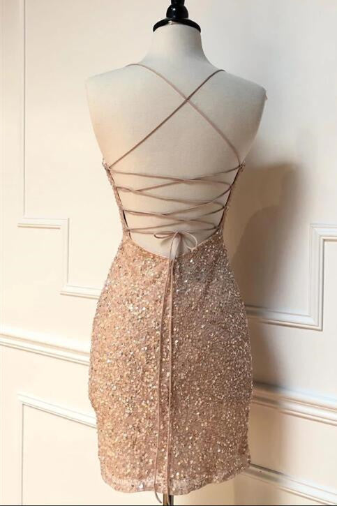 Homecoming Dresses For Girls, Sparkle Straps Tight Peach Sequins Short Homecoming Dress