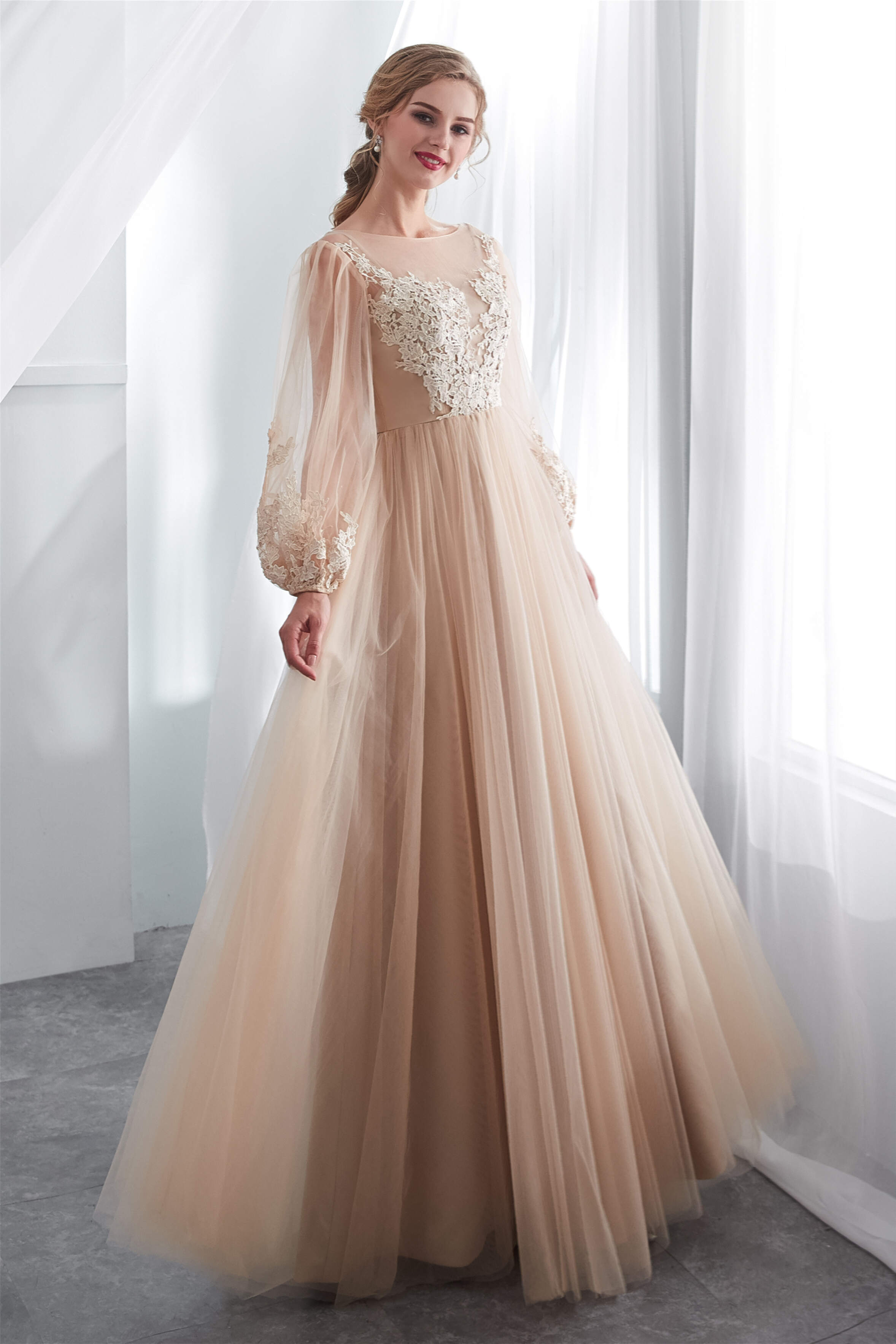Formal Dresses For Large Ladies, Lantern Sleeve Champagne Appliques Long Prom Dresses