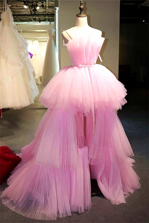 Evening Dress Shop, Latest High Low A-line Strapless Tulle Pink Formal Prom Dresses