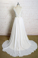 Wedding Dress Sexy, Latest Long A-line V-neck Lace Chiffon Wedding Dress