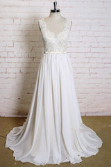 Wedding Dresses Casual, Latest Long A-line V-neck Lace Chiffon Wedding Dress