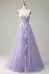 Bridesmaids Dresses White, Lavender A-line Appliques Strapless Lace-Up Tulle Long Prom Dress