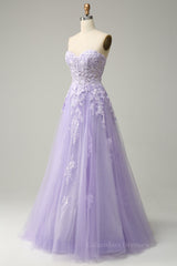 Bridesmaids Dresses Orange, Lavender A-line Appliques Strapless Lace-Up Tulle Long Prom Dress