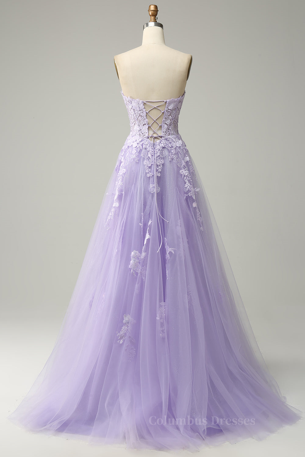 Bridesmaid Dress Orange, Lavender A-line Appliques Strapless Lace-Up Tulle Long Prom Dress