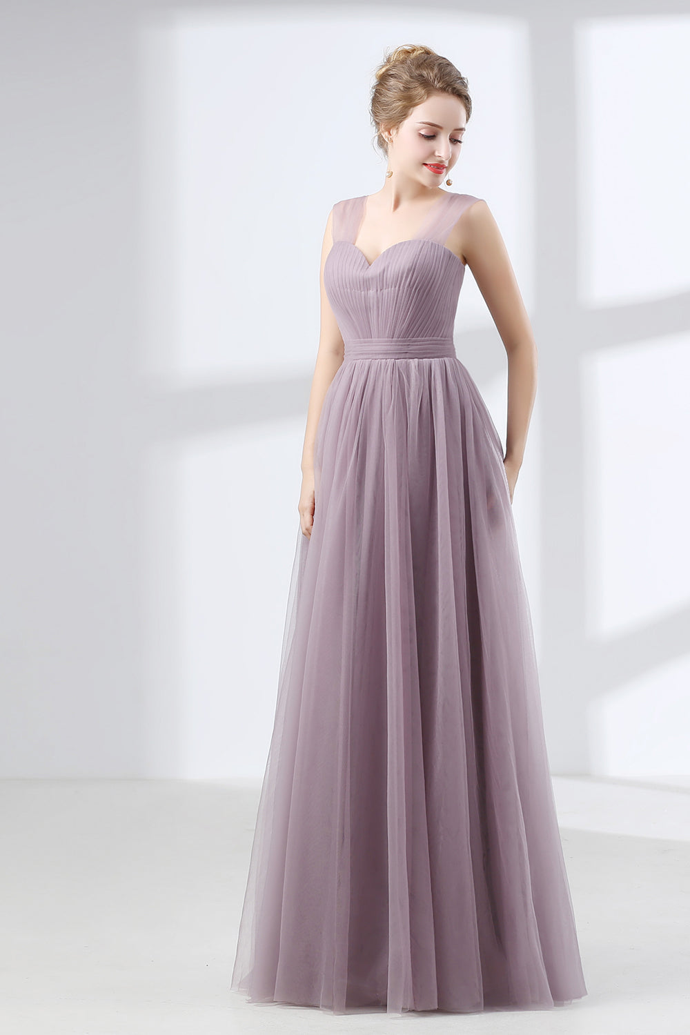 Graduation Outfit, Lavender A-Line Sweetheart Floor-Length Tulle Pleated Bridesmaid Dresses