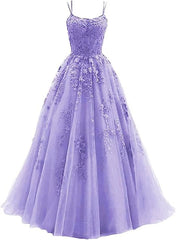Wedding Guest Outfit, Lavender A-line Tulle with Lace Long Party Dress, Straps Lavender Prom Dress