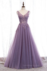 Prom Dresses Size 45, Lavender A-line V Neck Sleeveless Beaded Appliques Maxi Formal Dress