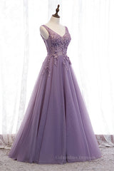 Prom Dress Size 45, Lavender A-line V Neck Sleeveless Beaded Appliques Maxi Formal Dress