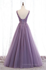 Prom Dresses 2051 Cheap, Lavender A-line V Neck Sleeveless Beaded Appliques Maxi Formal Dress