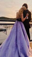 Party Dress Sales, Lavender Applique Tulle Long Prom Dresses, Purple Lace Graduation Dresses Formal Gown