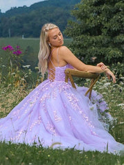 Party Dress Dresses, Lavender Applique Tulle Long Prom Dresses, Purple Lace Graduation Dresses Formal Gown