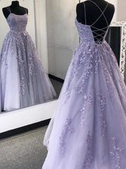 Party Dress Sale, Lavender Applique Tulle Long Prom Dresses, Purple Lace Graduation Dresses Formal Gown
