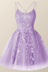 Bridesmaid Dress Dark, Lavender Appliques A-line Short Princess Dress