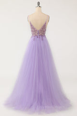 Prom Dresses Mermaid, Lavender Beaded A-line Tulle Formal Dress