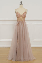 Prom Dresses V Neck, Lavender Beaded A-line Tulle Formal Dress