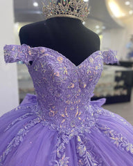 Bridesmaids Dress Purple, Lavender Corset Mexican Quinceanera Dress Ball Gown,Appliques Lace Birthday Party Vestidos De XV Anos