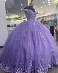 Bridesmaid Dress Purple, Lavender Corset Mexican Quinceanera Dress Ball Gown,Appliques Lace Birthday Party Vestidos De XV Anos