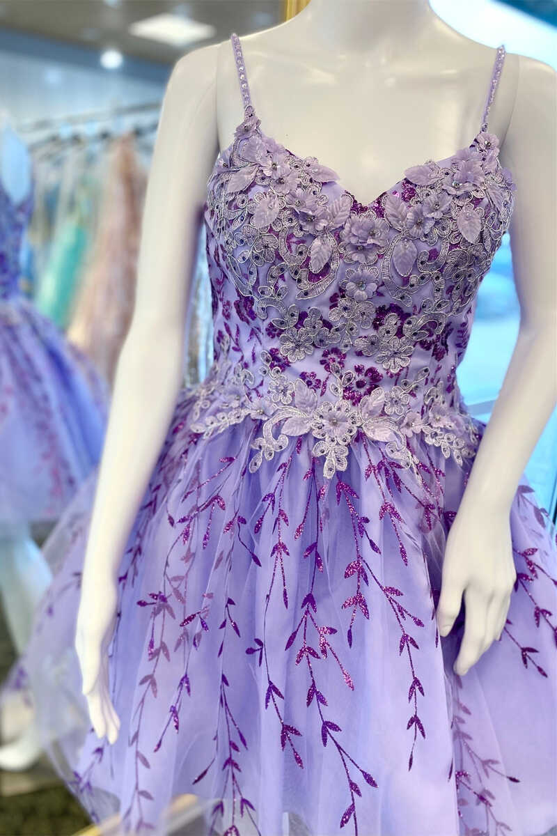 Evening Dresses Online, Lavender Floral Appliques A-Line Short Homecoming Dress