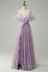 Bridesmaids Dress Websites, Lavender Floral Ruffles Tulle A-line Long Prom Dress