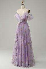 Bridesmaid Dresses Website, Lavender Floral Ruffles Tulle A-line Long Prom Dress