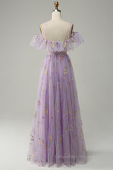 Bridesmaids Dresses Websites, Lavender Floral Ruffles Tulle A-line Long Prom Dress