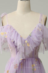 Bridesmaid Dress Websites, Lavender Floral Ruffles Tulle A-line Long Prom Dress