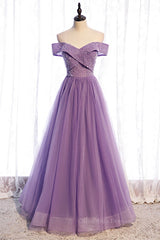 Evening Dress Shopping, Lavender Folded Off-the-Shoulder Beaded Tulle Maxi Formal Dress