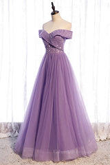 Evening Dress Shops, Lavender Folded Off-the-Shoulder Beaded Tulle Maxi Formal Dress