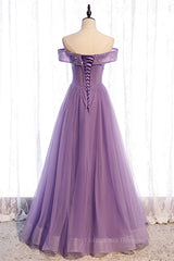 Evening Dress Near Me, Lavender Folded Off-the-Shoulder Beaded Tulle Maxi Formal Dress