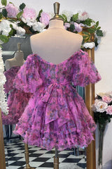 Graduation Outfit Ideas, Lavender & Fuchsia Off-the-Shoulder Ruffles Homecoming Dress