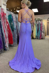 Lavender Halter Sparkly Beaded Prom Dress with Fringes