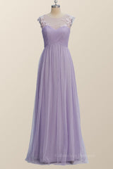 Bridesmaid Dress Lavender, Lavender Illusion Scoop Lace Appliques A-line Bridesmaid Dress