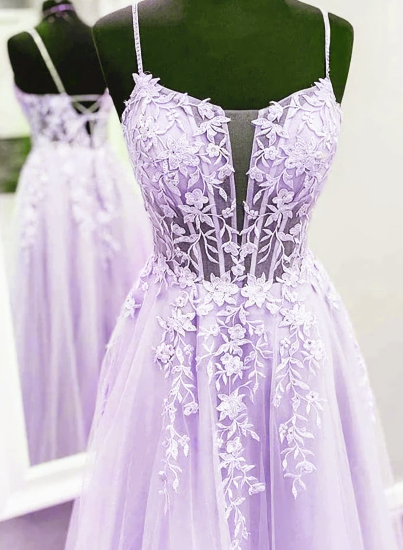 Sun Dress, Lavender Lace Applique Tulle A-line Party Dress, Floor Length Evening Gown